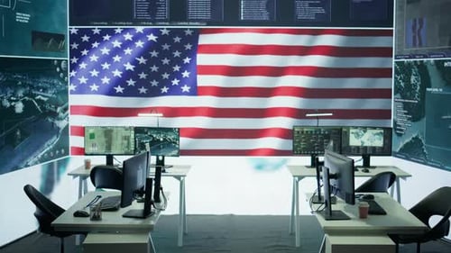 Empty American Military Control Center with High Tech Gear and Big Screen