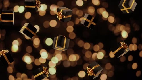 Elegant Festive Gift Boxes Floating with Golden Bokeh Background