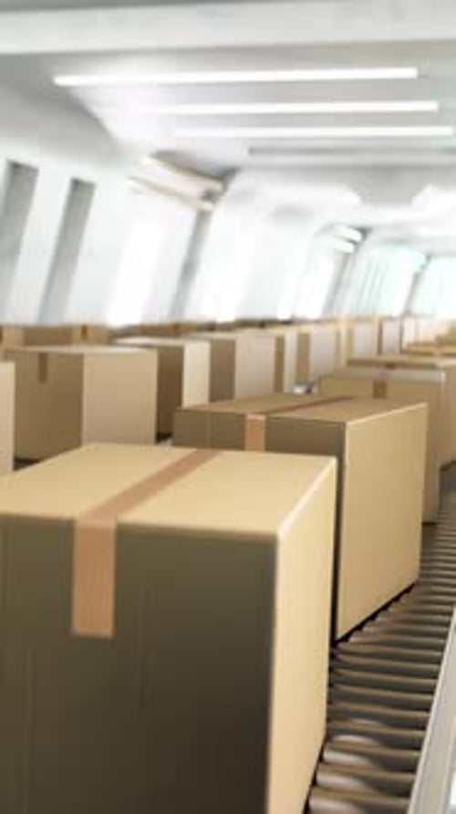 3D-Animationsschleife von Kartons auf einem Fördersystem in einer modernen Fabrik