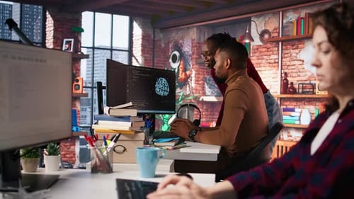 Artificial Intelligence Startup Coworkers Doing Brainstorming Optimizing Code