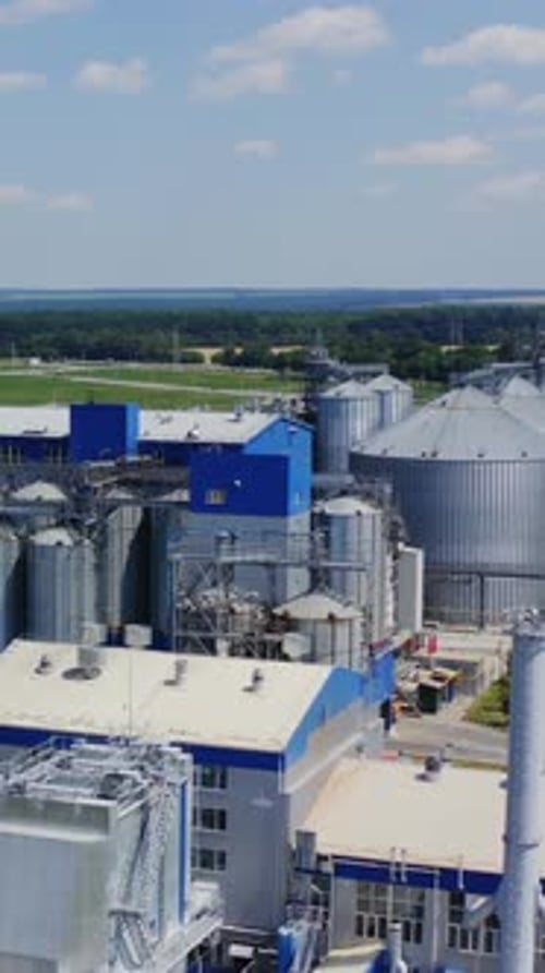 Grain elevators on nature background. Granary on a modern territory. Exterior of industrial factory