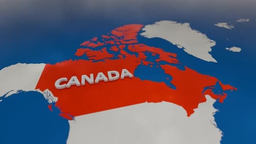 Mapa 3D de Canadá resaltado en rojo con provincias detalladas