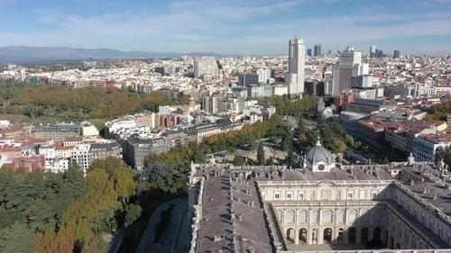 Aerial view of the capital of Spain, Catedral de Santa María la Real de la Almudena and the Royal P