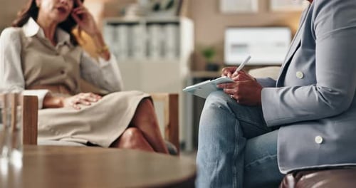 People, hands and writing notes in counseling, mental depression and talk to psychologist in office