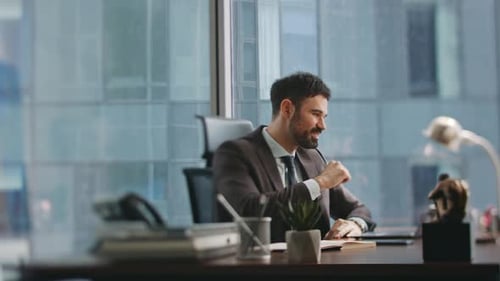 Worker Laughing Distant Meeting Looking Laptop Webcam Sitting Office Desk
