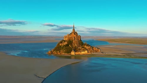 Aerial View of the Famous Historic Abbey Mont Saint Michel Historic Monastery with Tidal Flats