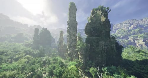 Majestic Rock Formations Surrounded By Lush Greenery in a Serene Landscape