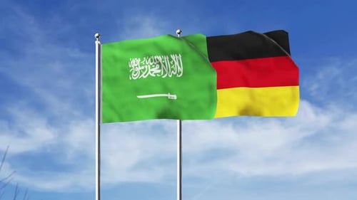 Saudi Arabia and Germany Flags Waving in Blue Sky Loop