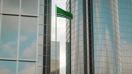 Waving Flag Between Modern Corporate Skyscrapers Animation