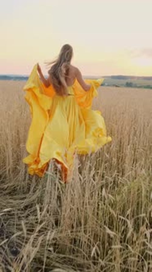 Woman in Flowing Yellow Dress Dances Gracefully in Golden Wheat Field During Sunset