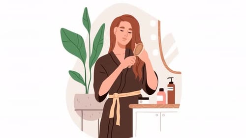 Woman Grooming Hair in Front of Mirror - Daily Beauty & Hair Care Routine - Self Care