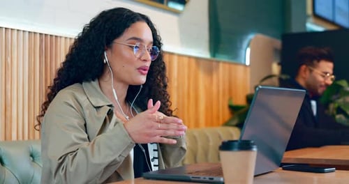 Laptop video call, talking or cafe woman explain, planning or review online meeting