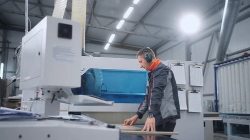 Adult Man in Uniform and Protective Headphones Working with CNC Milling Machine in Factory Workshop