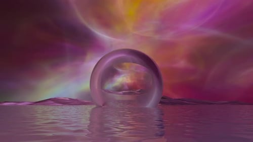 Abstract Crystal Ball Island Floating on Water with Warm Magenta Nebula Sky Looping Background