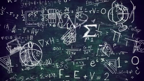 Digital animation of school concept icons and mathematical equations against blue background