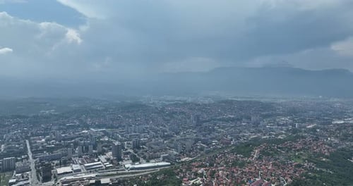 Sarajevo City Bosnia and Herzegovina Capital Cityscape Drone Aerial Footage at Foggy and Sunny Day