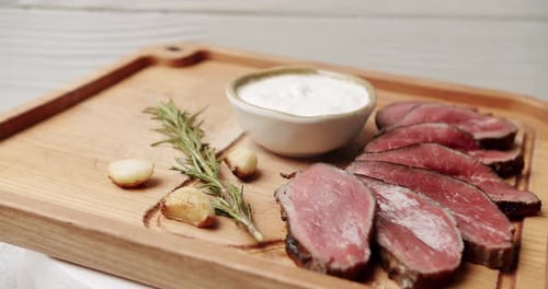Juicy Sliced Steak with Rosemary, Garlic, Dipping Sauce