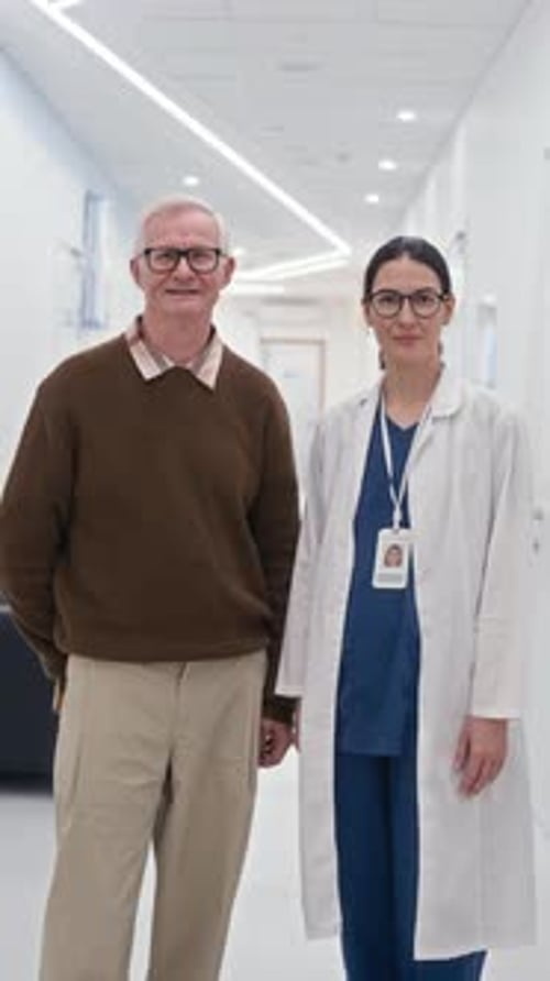 Médico generalista y paciente de edad avanzada de pie en el pasillo de la clínica, vertical