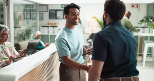 Handshake, business people and tablet in office for welcome, thank you and introduction for company