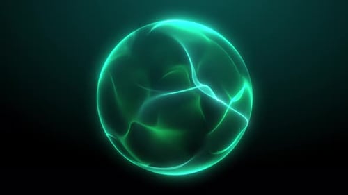 Abstract green glowing energy orb with digital plasma flow and soft dispersion. Futuristic modern in