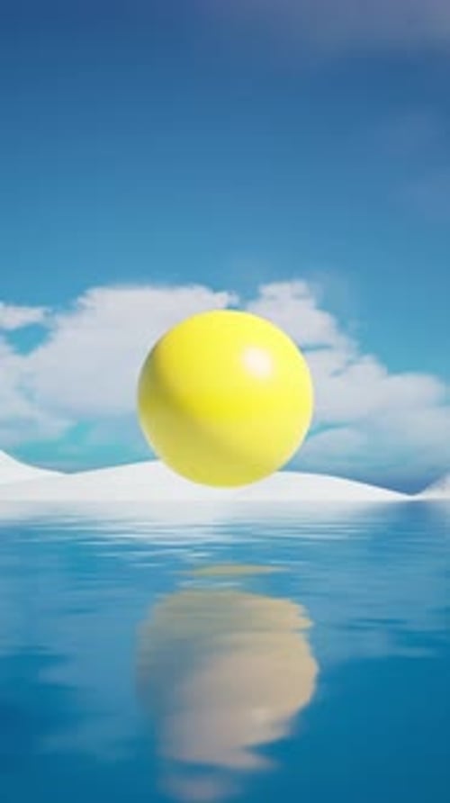 Minimalist Yellow Sphere Floating Over Blue Water Landscape