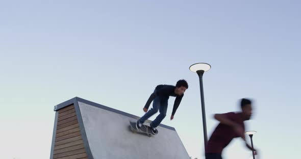Men, group and skateboard ramp in park for speed, training or together ...