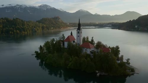 Aerial view of Lake Bled with church and island, Slovenia.