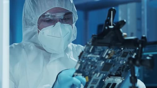 Microelectronics Engineer Works in a Modern Scientific Laboratory on Computing Systems and