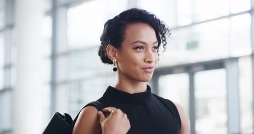 Corporate black woman, confident walk and professional in office, workplace or job in finance