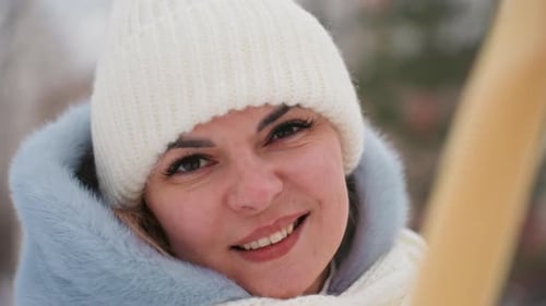 Joyful Winter Portrait Outdoor Scene of Mother with Cheerful Face Closeup of Joyful Mother Adorned