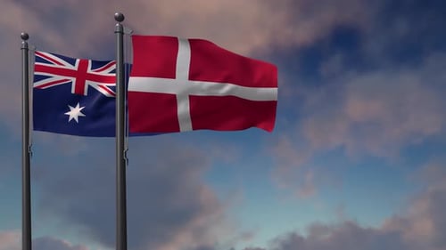 Denmark Flag Waving Along With The National Flag Of The Australia - 4K