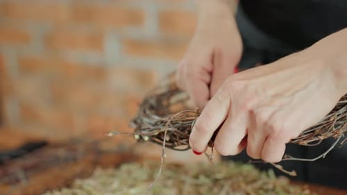 Woman Hands Crafting Twig Wreath for Holiday Decor