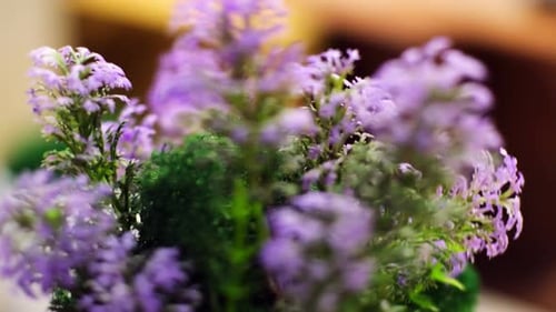 Artificial Flowers with Leaves Rotate on Blurred Background