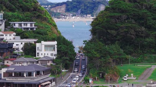 Aerial View of Kamakuro Town's Coastal Area and Bay in Japan