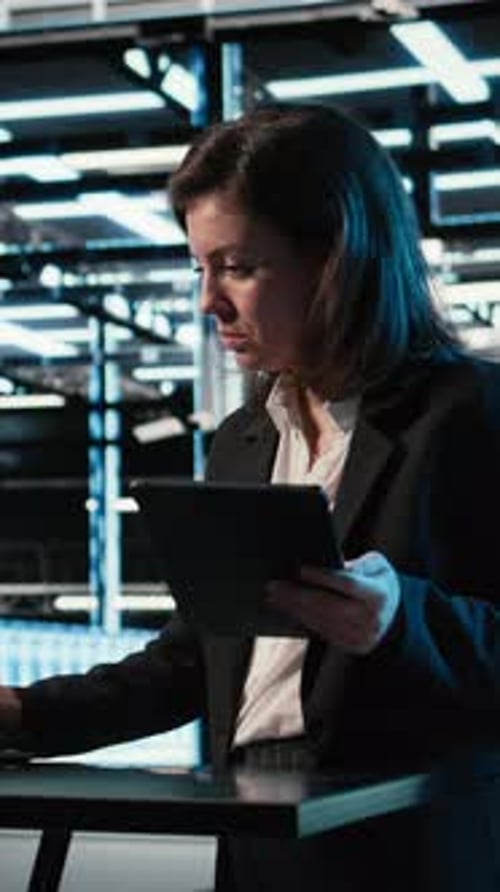 Vertical Video Data Center Female Admin Uses Device and AR Simulation to Conduct Security Audit