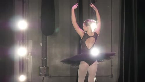 Elegant ballerina poses on stage in leotard and tutu