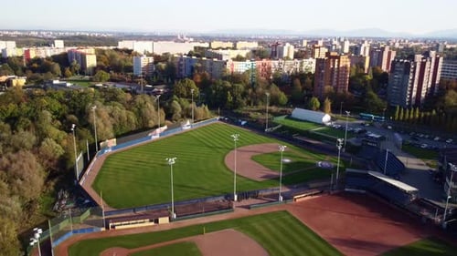 Arrows Park Ostrava Baseball Field With High-rise Building On A Sunny Day In Ostrava, Czech Republic