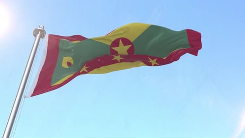 Grenada Flag Waving in the Wind with Clear Blue Sky
