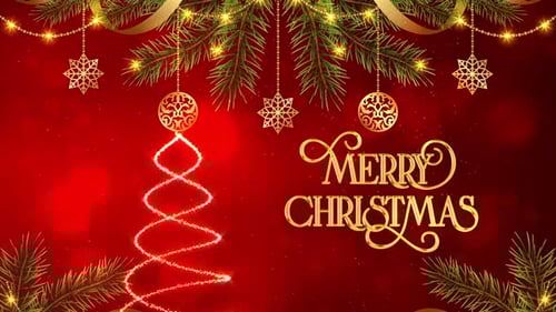 Merry Christmas Greeting Animation with Sparkling Tree and Golden Ornaments