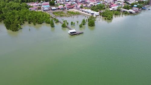 Luftaufnahme eines langen Piers für Fischerboote, der an der Küste ruht, mit Bäumen im Hintergrund