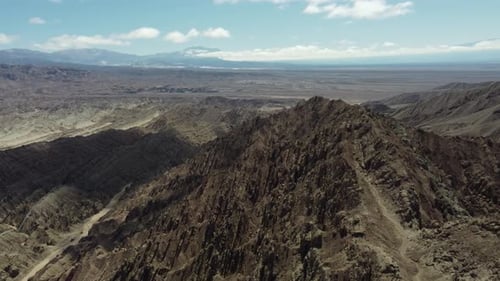 Thrust fault geology: Flyover rugged rock Canon del Indio in Argentina
