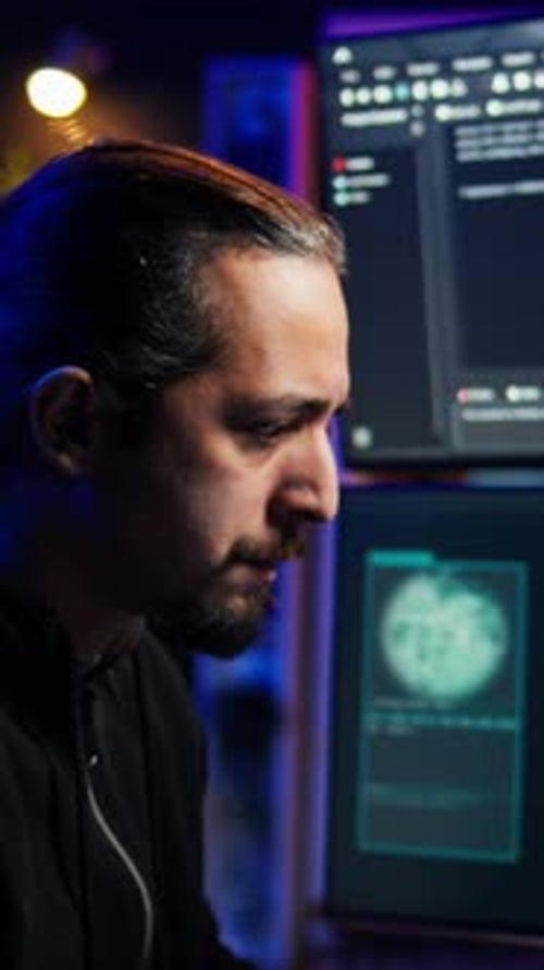 Vertical Video Hacker Typing Fast on Keyboard Rushing to Finish Developing Spyware Software