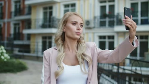 Portrait Successful Businesswoman Call Video Online On Mobile Phone At Street. Stylish Business W...