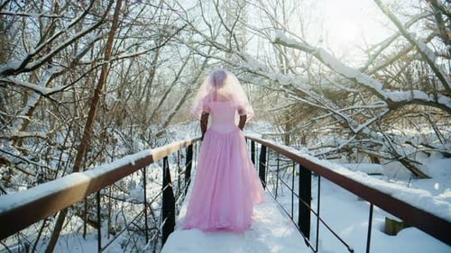 Enchanting Winter Bride in Pink Dress on Snowy Bridge Amidst Glimmering Trees and Sunlight – A