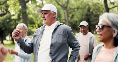 Fitness, nature and group of senior people in park with workout, health or wellness training