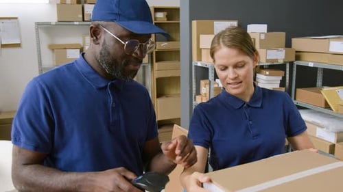 Cheerful Diverse Employees Giving Package to Female Client at Courier Office
