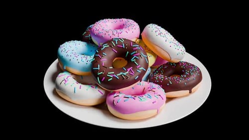 Rosa, amarelo, azul, branco, marrom, donuts com granulado girando em um prato branco sobre um fundo preto