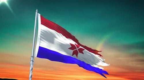 3D Realistic Flag Waving Animation with Sunset Sky