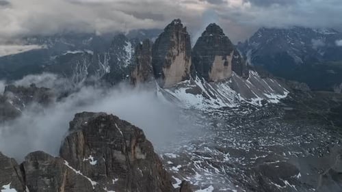 Three famous big rocks called Tre Cime di Lavaredo, located in Dolomites, Italy.