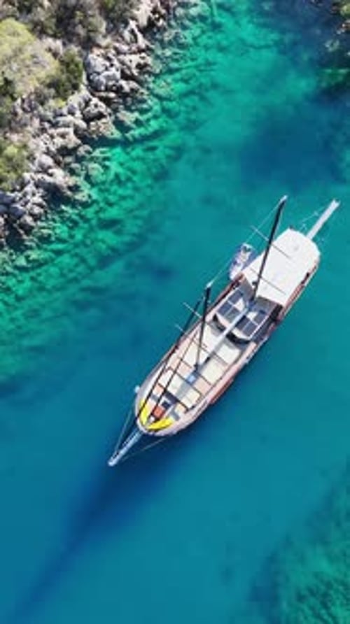 Vertical top view of gulet sailing